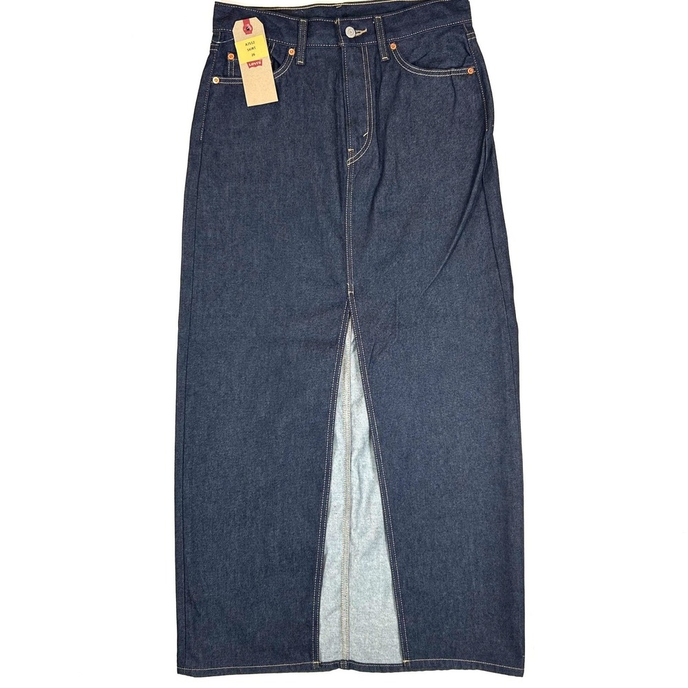 Levis Premium Women Dark Indigo Denim Maxi Skirt Front Slit A7512 Size 30w NWT